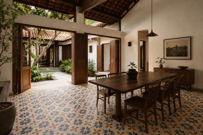Không gian nhà cấp 4 lát gạch bông trang trí