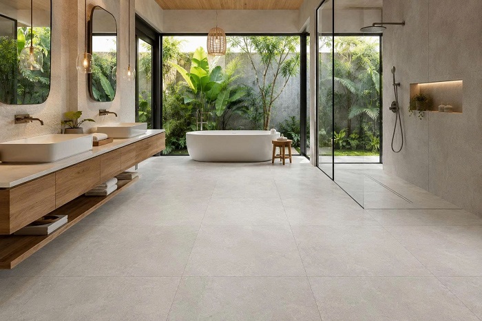 Gạch cao cấp lát nền phòng tắm villa bề mặt mờ