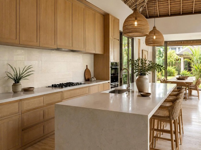 Gạch ốp tường phòng bếp màu kem hiện đại
