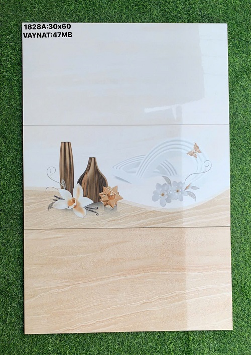 Gạch ốp tường 30x60 màu trắng kem vân đá hoa tiết bình hoa cao cấp