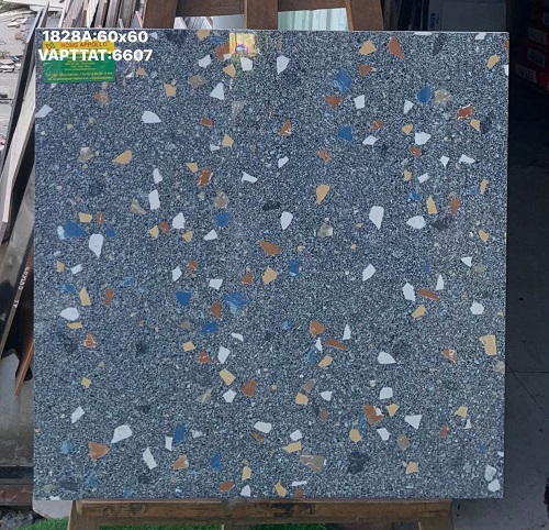 Gạch đá hạt Terrazzo 60x60 tone xám phối hạt nhiều màu