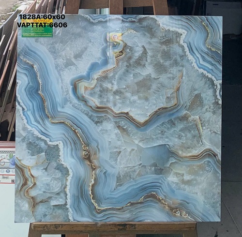 Gạch lát nền 60x60 vân đá ngọc Onyx sóng biển xanh xám